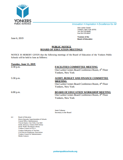 Yonkers Public Schools Board of Education Committee Meetings For June 2019 