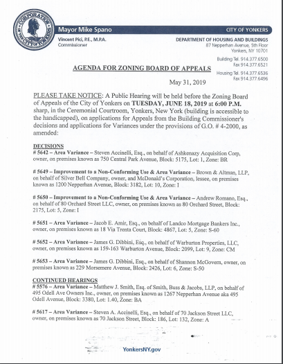 Yonkers ZBA Agenda - June 18, 2019 Page 1